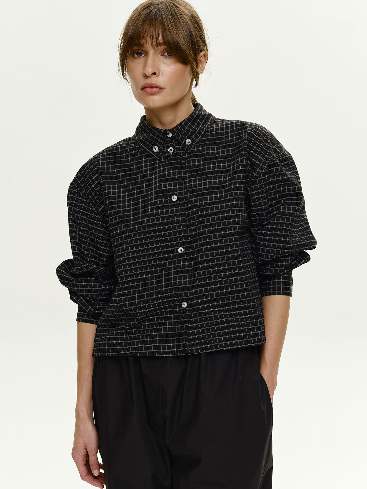 Рубашка CROP из хлопка (черный в клетку)